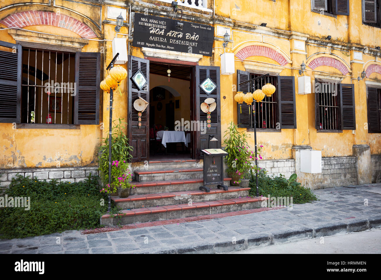 Facade of the Sakura Restaurant building. Hoi An Ancient Town, Quang Nam Province, Vietnam. Stock Photo