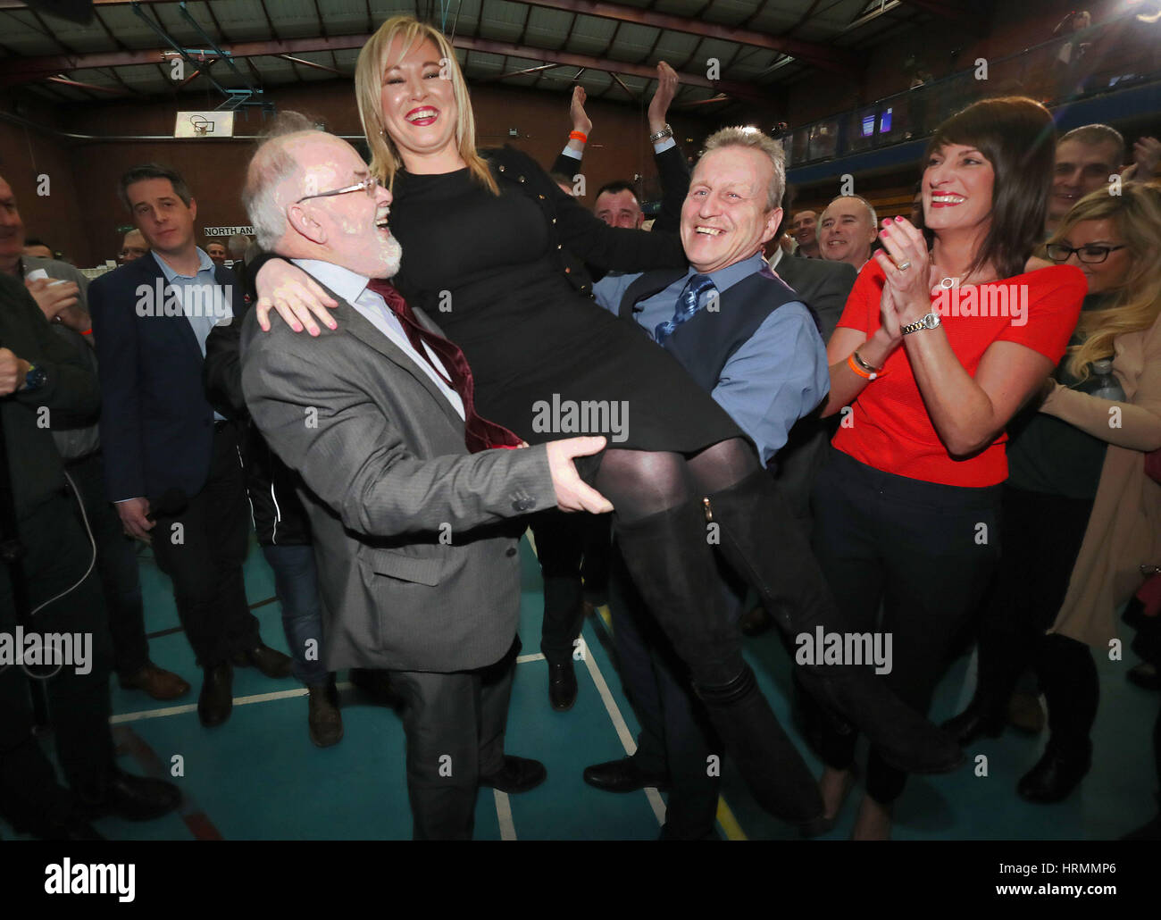 Michelle O'Neill, leader of Sinn Fein in Northern Ireland, celebrates winning her seat at the Seven Towers Leisure Centre, Ballymena, in Northern Ireland's Assembly election. Stock Photo