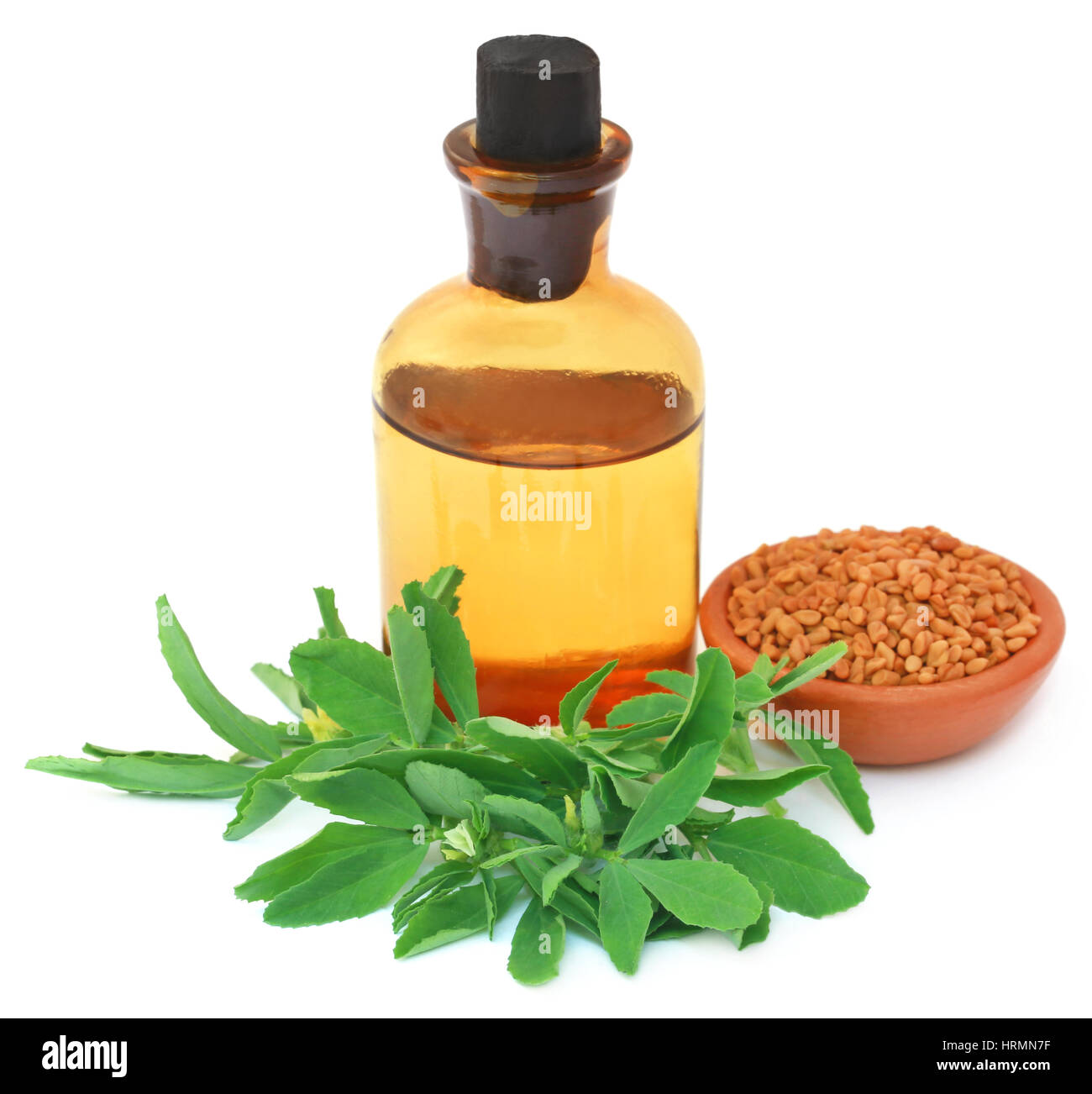 Fenugreek leaves with seeds and oil in a bottle Stock Photo