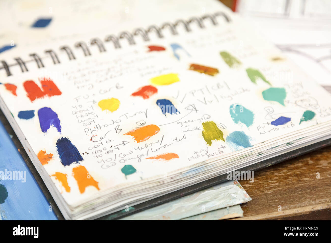 Artist’s spiral bound sketch book with sketches and colour samples Stock Photo Alamy