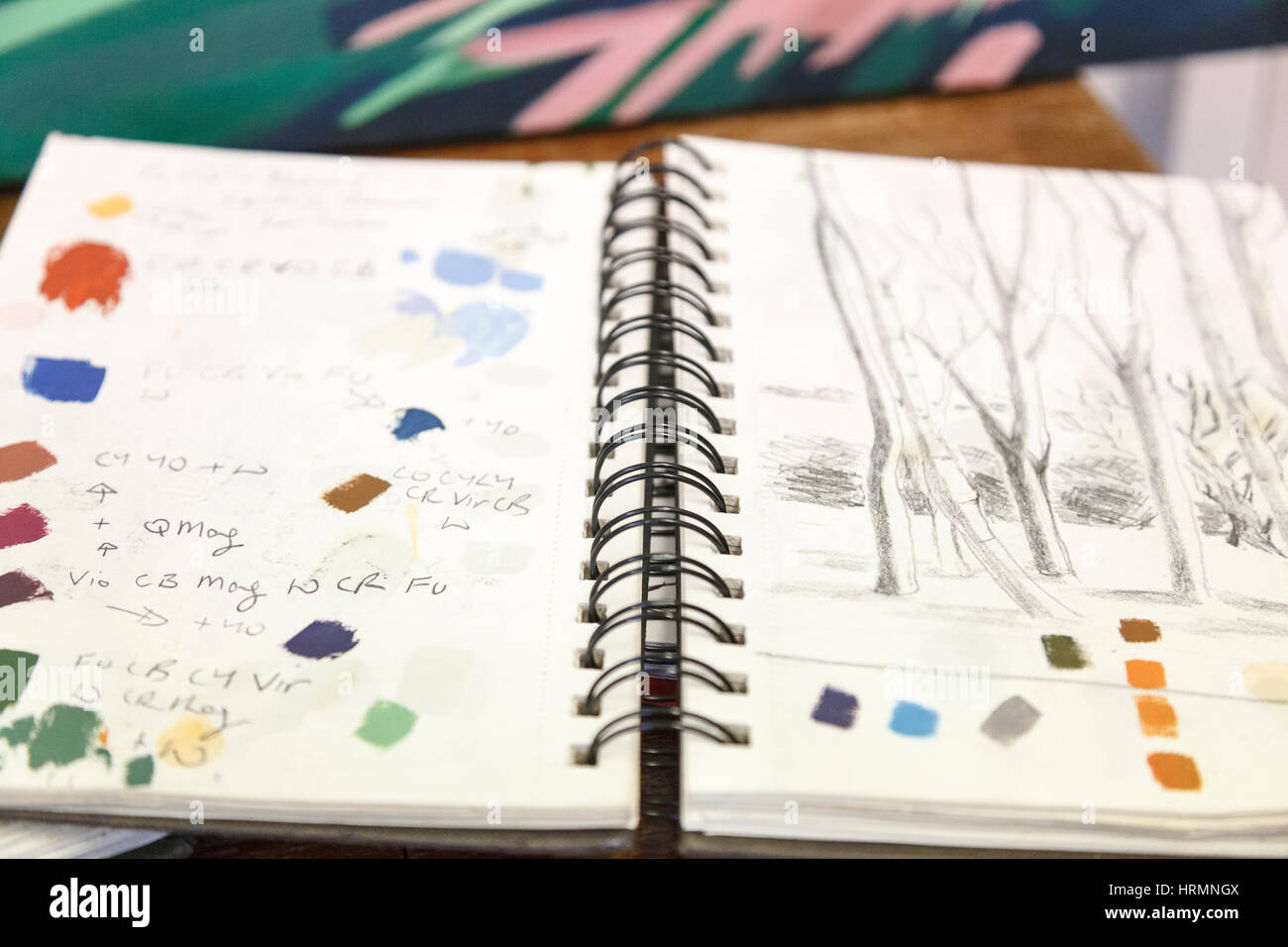 Artist’s open sketchbook with sketches and colour samples Stock Photo