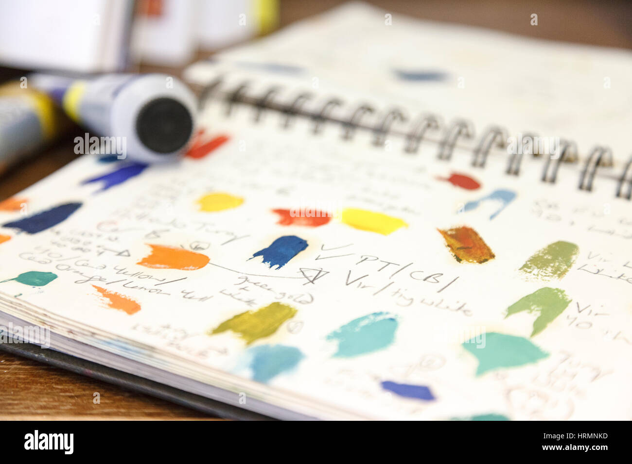 Artist’s open sketchbook with colour samples Stock Photo Alamy