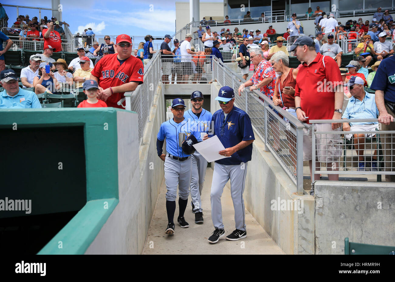 Fort Myers, Florida, USA. 2nd Mar, 2017. WILL VRAGOVIC | Times.From left, Tampa Bay Rays third base coach Charlie Montoyo (25), first base coach Rocco Baldelli (15), and bench coach Tom Foley (6) walk onto the field for the game between the Boston Red Sox and the Tampa Bay Rays at jetBlue Park in Fort Myers, Fla. on Wednesday, March 2, 2017. The Boston Red Sox beat the Tampa Bay Rays 19-2. Credit: Will Vragovic/Tampa Bay Times/ZUMA Wire/Alamy Live News Stock Photo