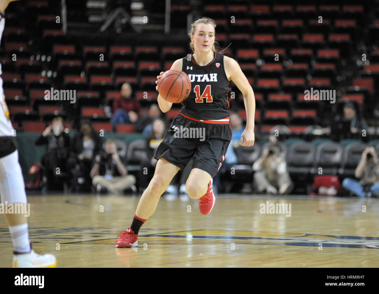 Seattle, WA, USA. 2nd Mar, 2017. Utahs Paige Crozon (14) in action during a PAC12 women's tournament game between the Utah Utes and the Arizona State Sun Devils. The game was played at Key Arena in Seattle, WA. Jeff Halstead/CSM/Alamy Live News Stock Photo