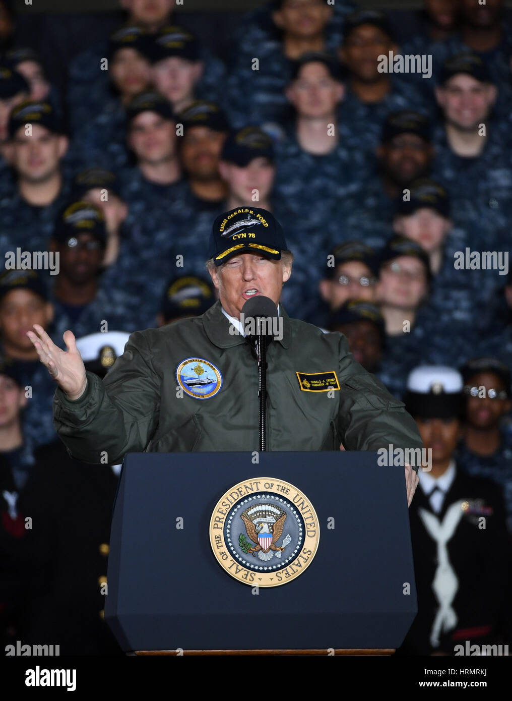Newport News, USA. 2nd Mar, 2017. U.S. President Donald Trump delivers remarks aboard the pre-commissioned U.S. Navy aircraft carrier Gerald R. Ford in Newport News, Virginia, the United States, March 2, 2017. Credit: Yin Bogu/Xinhua/Alamy Live News Stock Photo