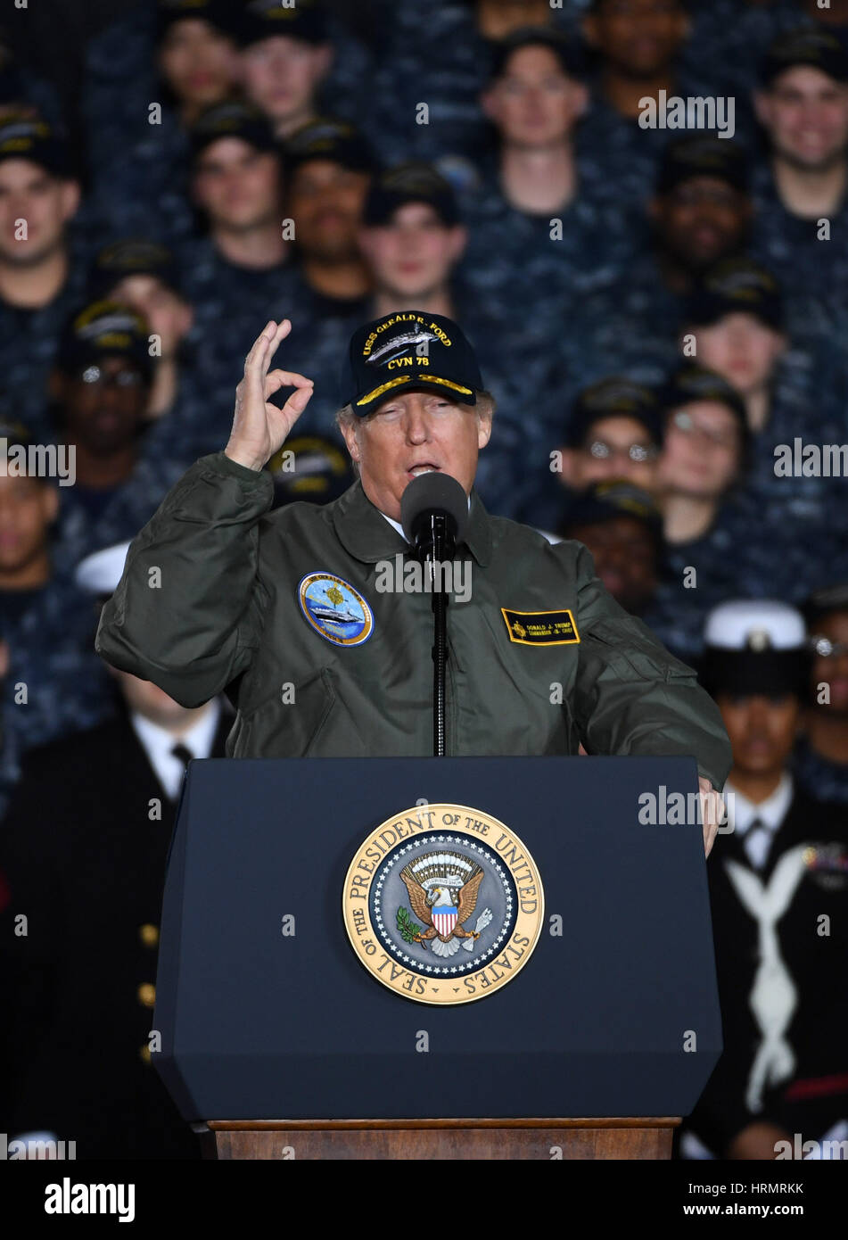 Newport News, USA. 2nd Mar, 2017. U.S. President Donald Trump delivers remarks aboard the pre-commissioned U.S. Navy aircraft carrier Gerald R. Ford in Newport News, Virginia, the United States, March 2, 2017. Credit: Yin Bogu/Xinhua/Alamy Live News Stock Photo