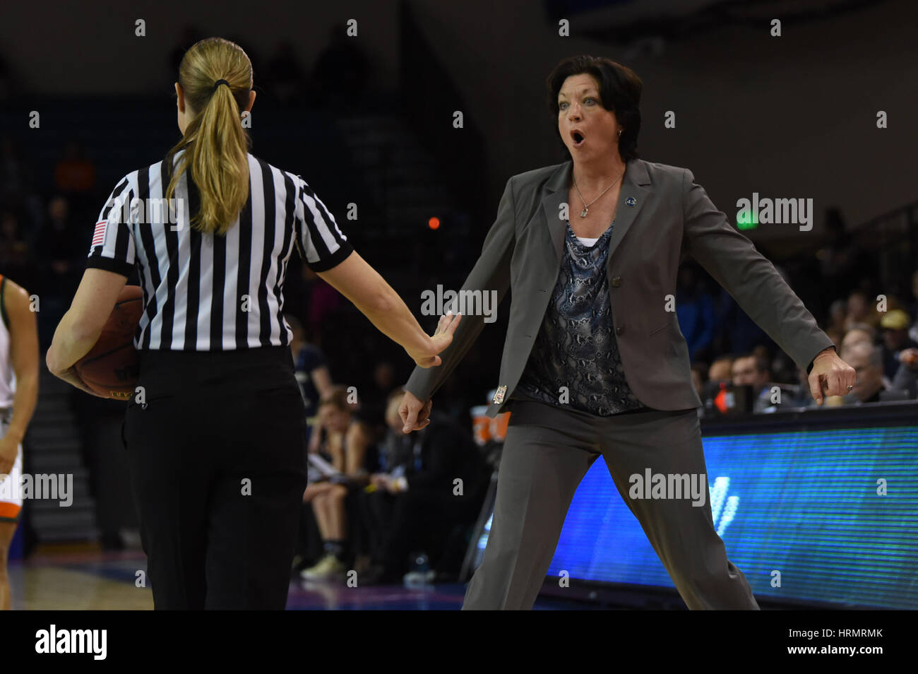 CONWAY, SC - MARCH 02: Miami (FL) Hurricanes head coach Katie Meier reacts to an intentional foul on Georgia Tech during the game between the Georgia Tech Yellow Jackets and the Miami Hurricanes in the ACC Women's Tournament on March 2, 2017 at HTC Center in Conway, SC. William Howard/CSM Stock Photo