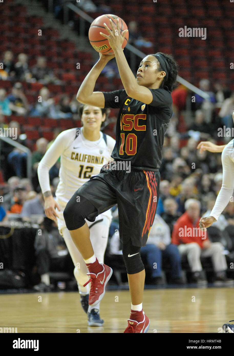 Seattle, WA, USA. 2nd Mar, 2017. USC guard Courtney Jaco (10) in action during a PAC12 women's tournament game between the Cal Bears and the USC Trojans. The game was played at Key Arena in Seattle, WA. Jeff Halstead/CSM/Alamy Live News Stock Photo