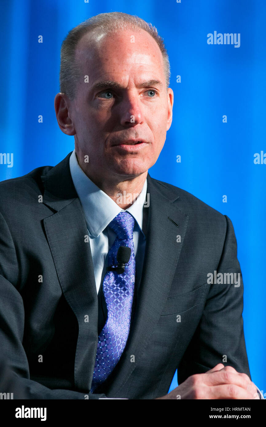 Washington DC, USA. 2nd March 2017. Dennis Muilenburg, Chairman, President and Chief Executive Officer, The Boeing Company, speaks during the 2017 Aviation Summit hosted by the U.S. Chamber Of Commerce in Washington, D.C., on March 2, 2017. Credit: Kristoffer Tripplaar/Alamy Live News Stock Photo