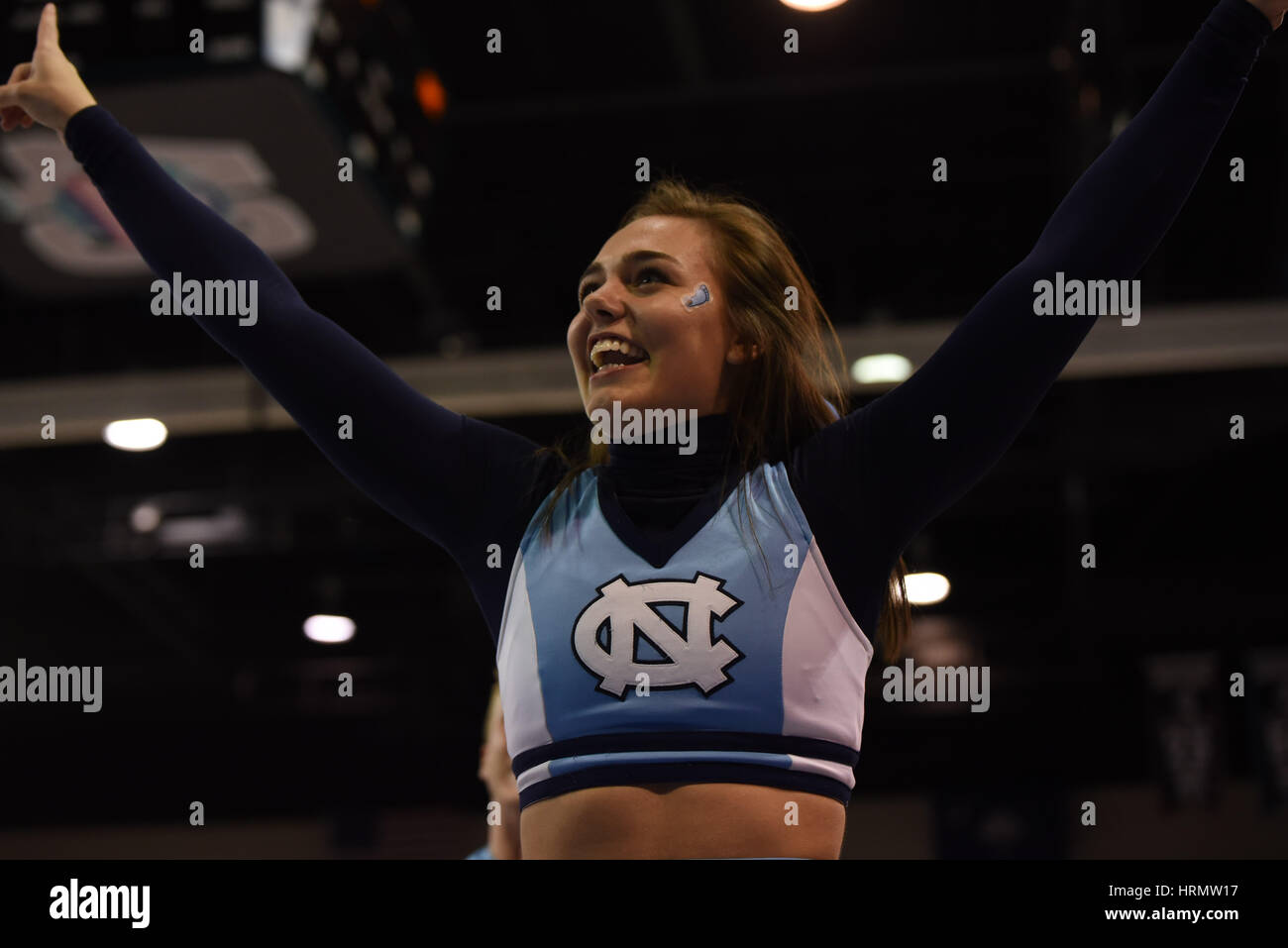 CONWAY, SC - MARCH 02: A North Carolina cheerleader performs for the fans during the game between the North Carolina Tarheels and the Syracuse Orange in the ACC Women's Tournament on March 2, 2017 at HTC Center in Conway, SC. William Howard/CSM Stock Photo