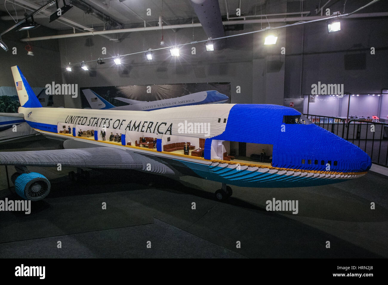 Gdansk, Poland. 03rd Mar, 2017. United States of America the Air Force One aircraft model with height of 3 meters, and 11 meters long made with 1 million LEGO bricks is seen on LEGO bricks exhibition on 3 March 2017 in Galeria Metropolia in Gdansk, Poland. Credit: Michal Fludra/Alamy Live News Stock Photo