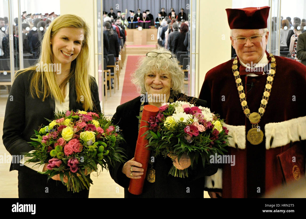 Scientist Ada E. Yonath, 77, centre, who helped uncover the ribosome structure and became the first Israeli woman to win the Nobel Prize, received a honorary doctorate of the Mendel University in Brno today, on Friday, March 3, 2017. On the photo from left: Czech Education Minister Katerina Valachova, Ada E. Yonath and Mendel University Rector Ladislav Havel. (CTK Photo/Jan Tomandl) Stock Photo