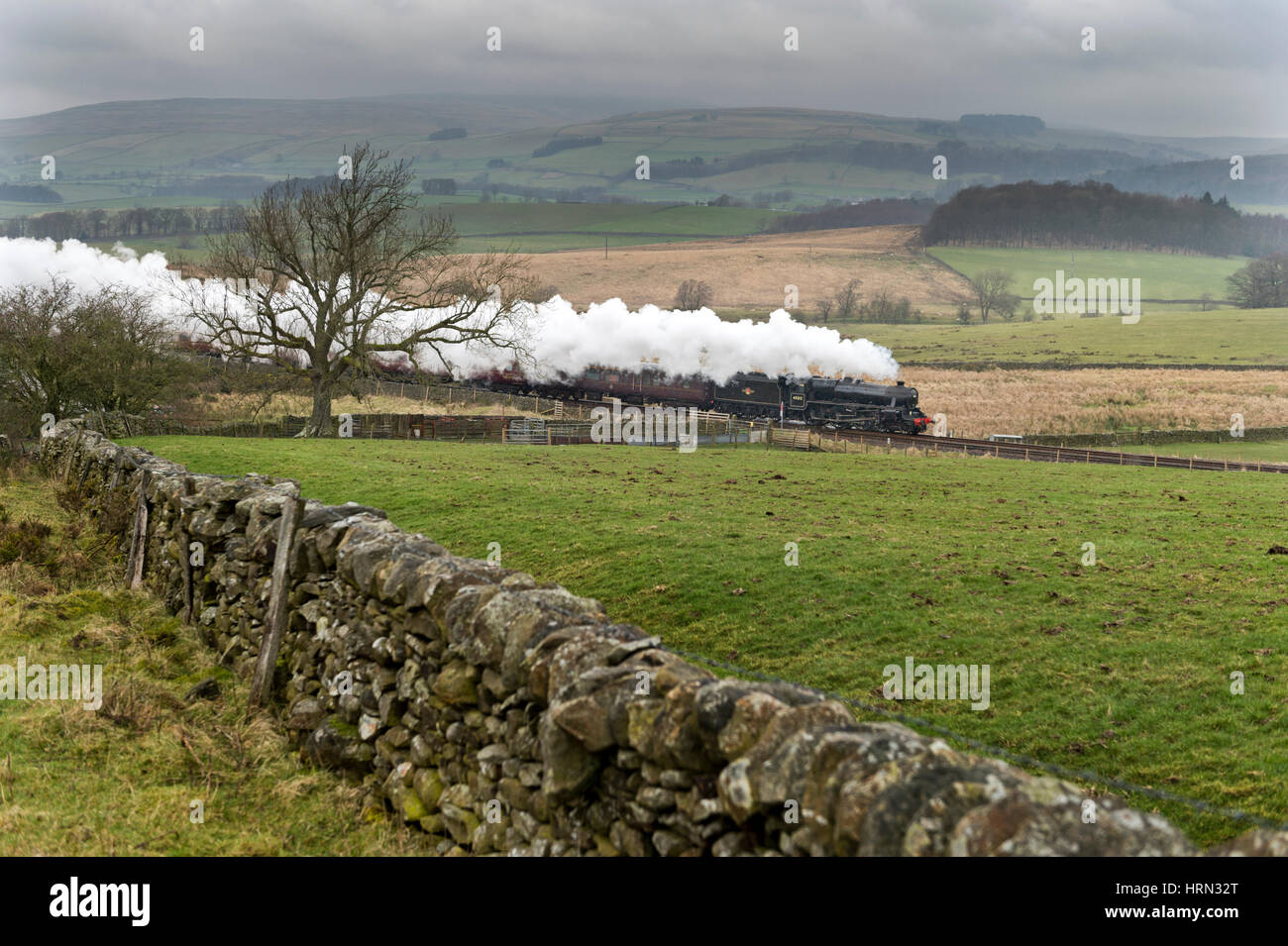 Yorkshire Dales, UK. 3rd Mar, 2017. Under a raincloud a Black 5 steam locomotive No.45212 on a test run from Steamtown; Carnforth; passes Lawsings near Austwick, North Yorkshire,on the Carnforth-Giggleswick-Leeds railway line, 3rd March. Stock Photo