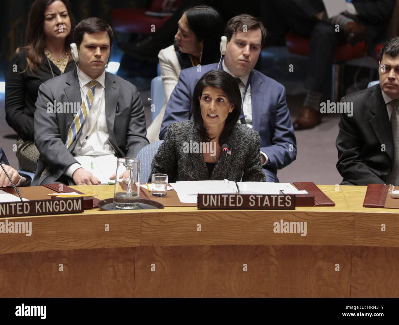 United Nations, New York, USA, 28 February 2017 - Nikki R. Haley, United States Permanent Representative to the UN during the Security Council meeting on Syria use of Chemical weapons on there Civilian Population today at the UN Headquarters in New York. Photo: Luiz Rampelotto/EuropaNewswire | usage worldwide Stock Photo