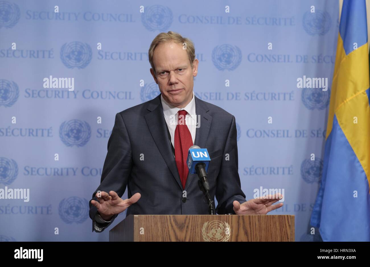 United Nations, New York, USA, 28 February 2017 - Ambassador Matthew Rycroft Permanent Representative of UK to the UN after the Russian Security Council Veto on the Syrian Chemical Weapons attack on there Civilian Population today at the UN Headquarters in New York. Photo: Luiz Rampelotto/EuropaNewswire | usage worldwide Stock Photo