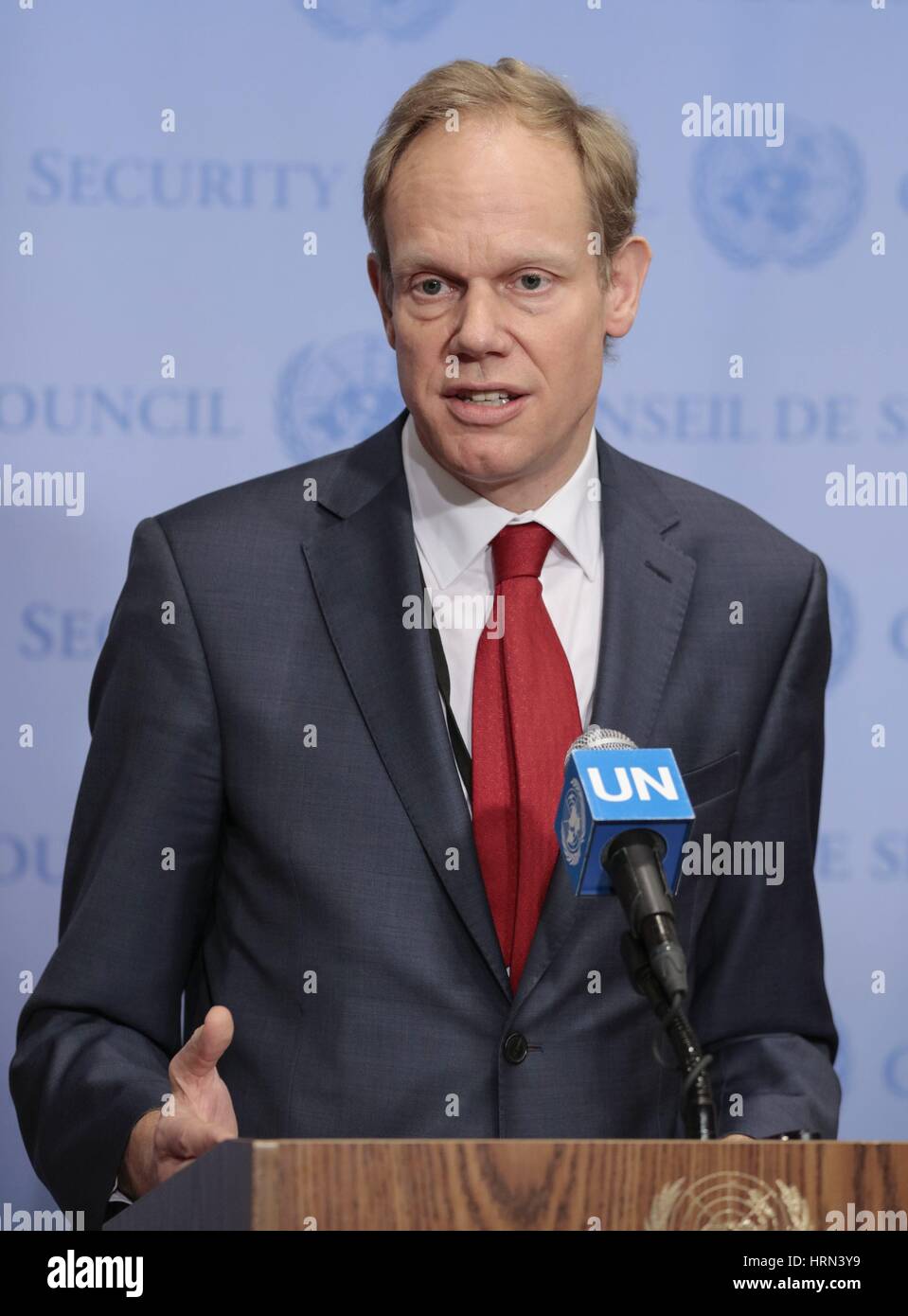 United Nations, New York, USA, 28 February 2017 - Ambassador Matthew Rycroft Permanent Representative of UK to the UN after the Russian Security Council Veto on the Syrian Chemical Weapons attack on there Civilian Population today at the UN Headquarters in New York. Photo: Luiz Rampelotto/EuropaNewswire | usage worldwide Stock Photo