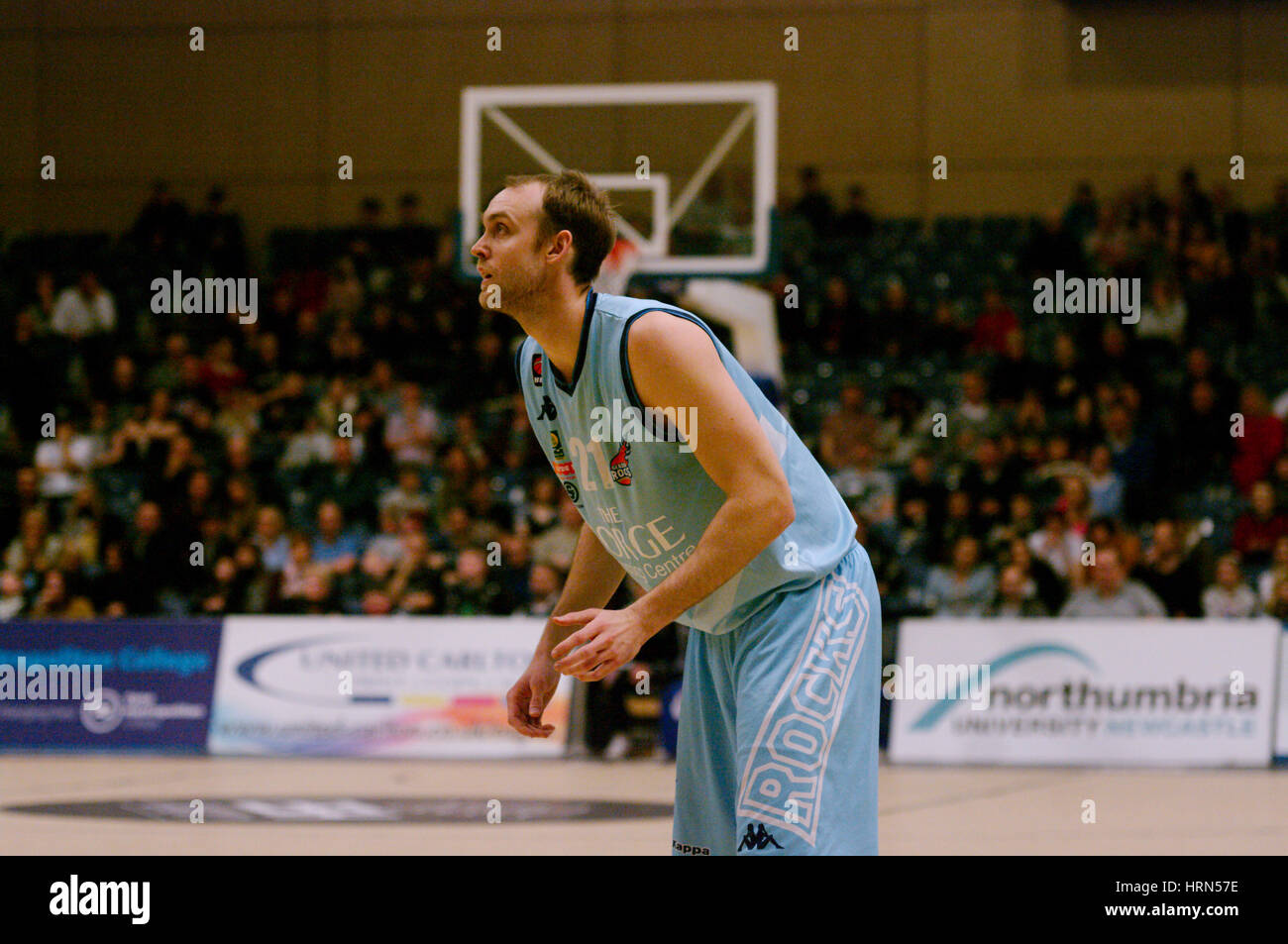 Newcastle upon Tyne,England, 3rd March 2017. Lewis Thomas of Glasgow Rocks watching for a pass during their match against Esh Group Eagles Newcastle in the British Basketball League match at Sport Central. Credit: Colin Edwards/Alamy Live News Stock Photo