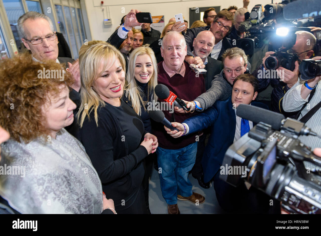 Belfast, Northern ireland. 03 Mar 2017 - Northern Ireland Assembly Election.  Sinn Fein's Michelle O'Neill is interviewed after she tops the Mid Ulster constituency. Stock Photo
