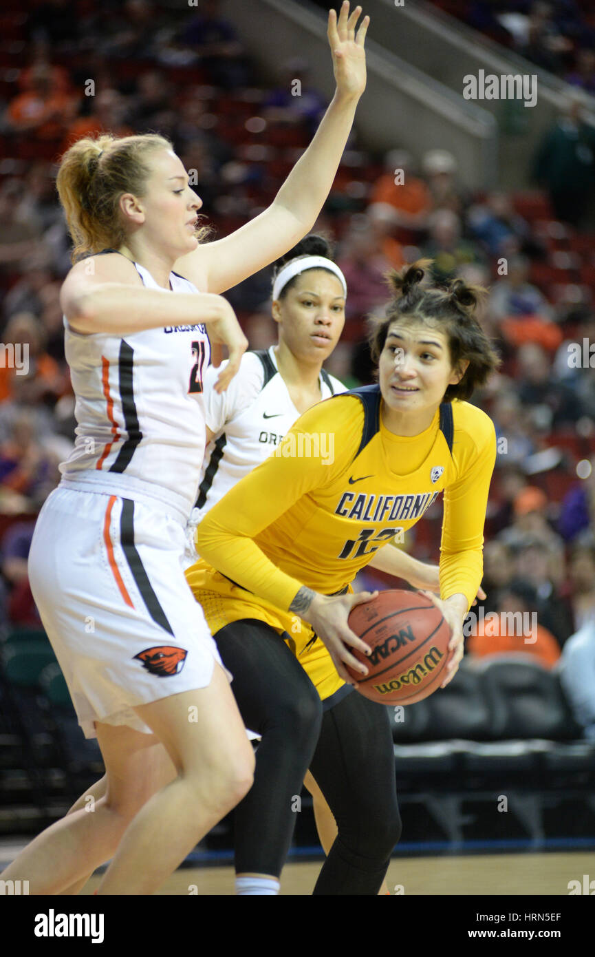 Seattle, WA, USA. 3rd Mar, 2017. OSU center Marie Gulich (21) pressures Cal forward Penina Davidson (12) during a PAC12 women's tournament game between the Oregon State Beavers and the Cal Bears. The game was played at Key Arena in Seattle, WA. Jeff Halstead/CSM/Alamy Live News Stock Photo