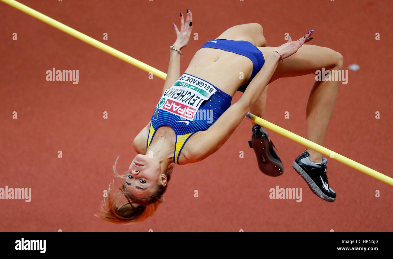 Belgrade, Serbia. 3rd Mar, 2017. Ukraine's Yuliya Levchenko competes in women's high jump qualifications during the 2017 European Athletics Indoor Championships at the Kombank Arena in Belgrade, Serbia, March 3, 2017. Credit: Predrag Milosavljevic/Xinhua/Alamy Live News Stock Photo