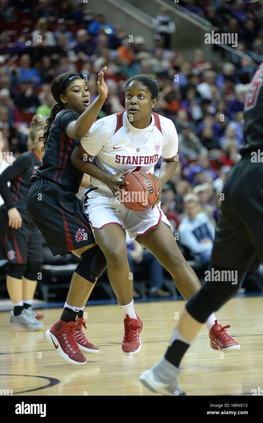 Seattle, WA, USA. 3rd Mar, 2017. Stanford's Nadia Fingall (4) drives to the basket against WSU's Kayla Washington (5) in a PAC12 women's tournament game between the Washington State Cougars and the Stanford Cardinal. The game was played at Key Arena in Seattle, WA. Jeff Halstead/CSM/Alamy Live News Stock Photo