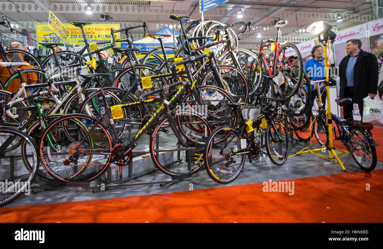 Toronto, Canada. 3rd Mar, 2017. People visit the 2017 Toronto International Bicycle Show in Toronto, Canada, March 3, 2017. The annual three-day show kicked off on Friday, featuring the most up-to-date displays of new bicycles and accessories from over 175 exhibitors. Credit: Zou Zheng/Xinhua/Alamy Live News Stock Photo