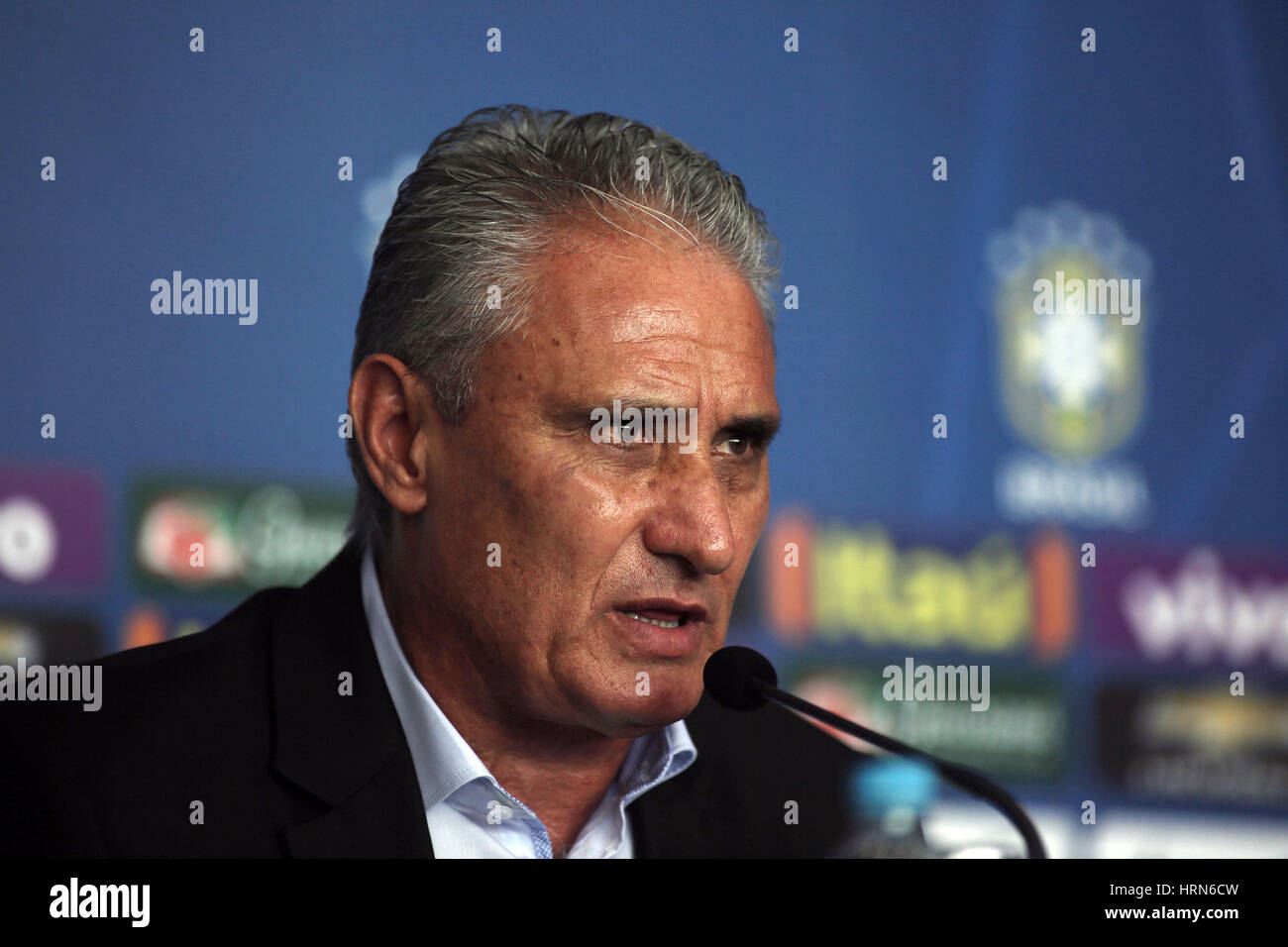 (170304) -- SAO PAULO, March 4, 2017 (Xinhua) -- The head coach of the Brazilian national soccer team, Adenor Leonardo Bacchi 'Tite', takes part in a press conference at Congonhas Airport in Sao Paulo, Brazil, on March 3, 2017. According to the local press, Tite announced on Friday the list of Brazil's national soccer team's players called for the matches against Uruguay on March 23 in Montevideo, and against Paraguay on March 28 in Sao Paulo, for the South American Soccer Confederation (CONMEBOL, for its acronym in Spanish) qualifying rounds for the Russia 2018 FIFA World Cup. (Xinhua/Rahel P Stock Photo