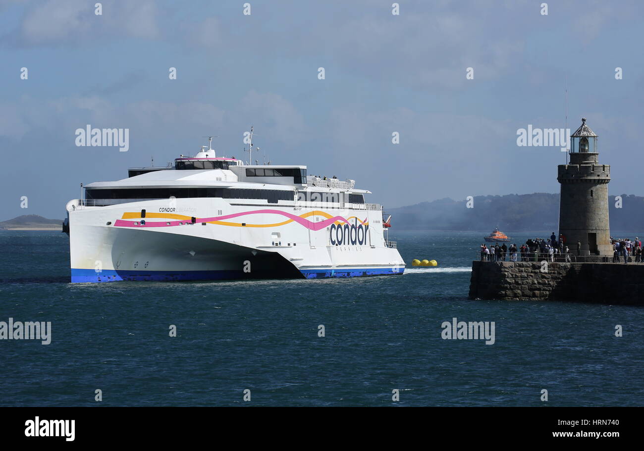 The Condor Car & Passenger ferry arriving in St. Peter Port, Guernsey after crossing the Channel