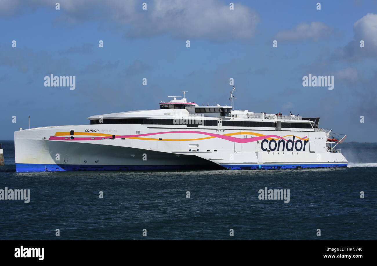 The Condor Car & Passenger ferry arriving in St. Peter Port, Guernsey after crossing the Channel
