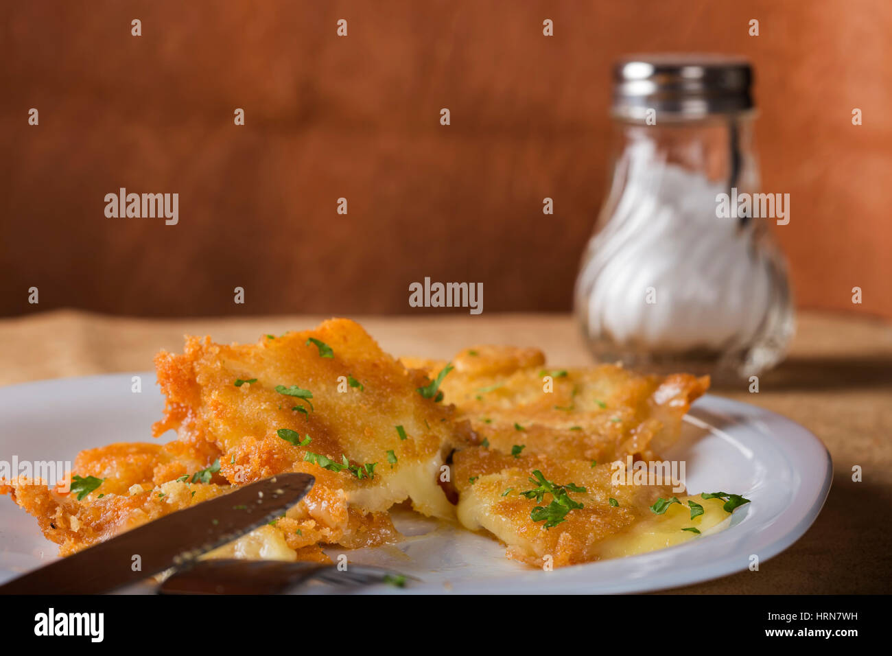 Fried cheese on plate with herbs Stock Photo