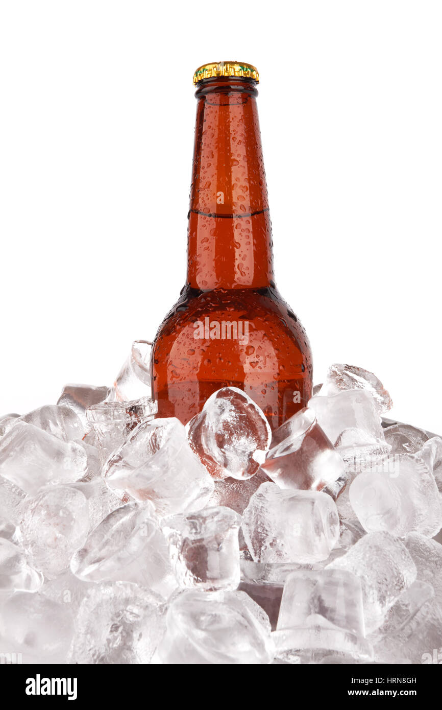 One bottle of beer on ice isolated on white background Stock Photo Alamy