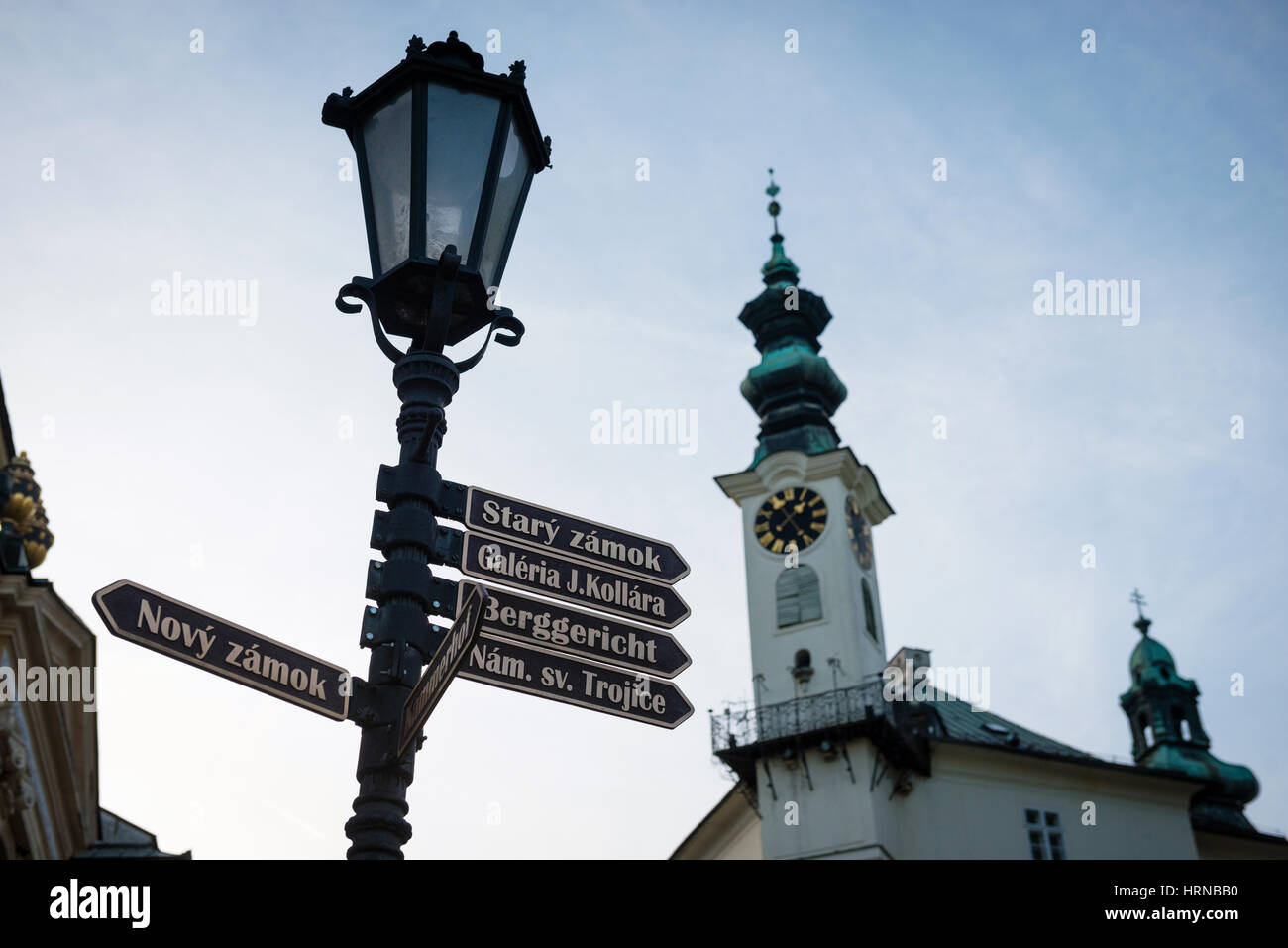 Sign post with townhall, Banska Stiavnica, Slovakia, UNESCO site Stock Photo