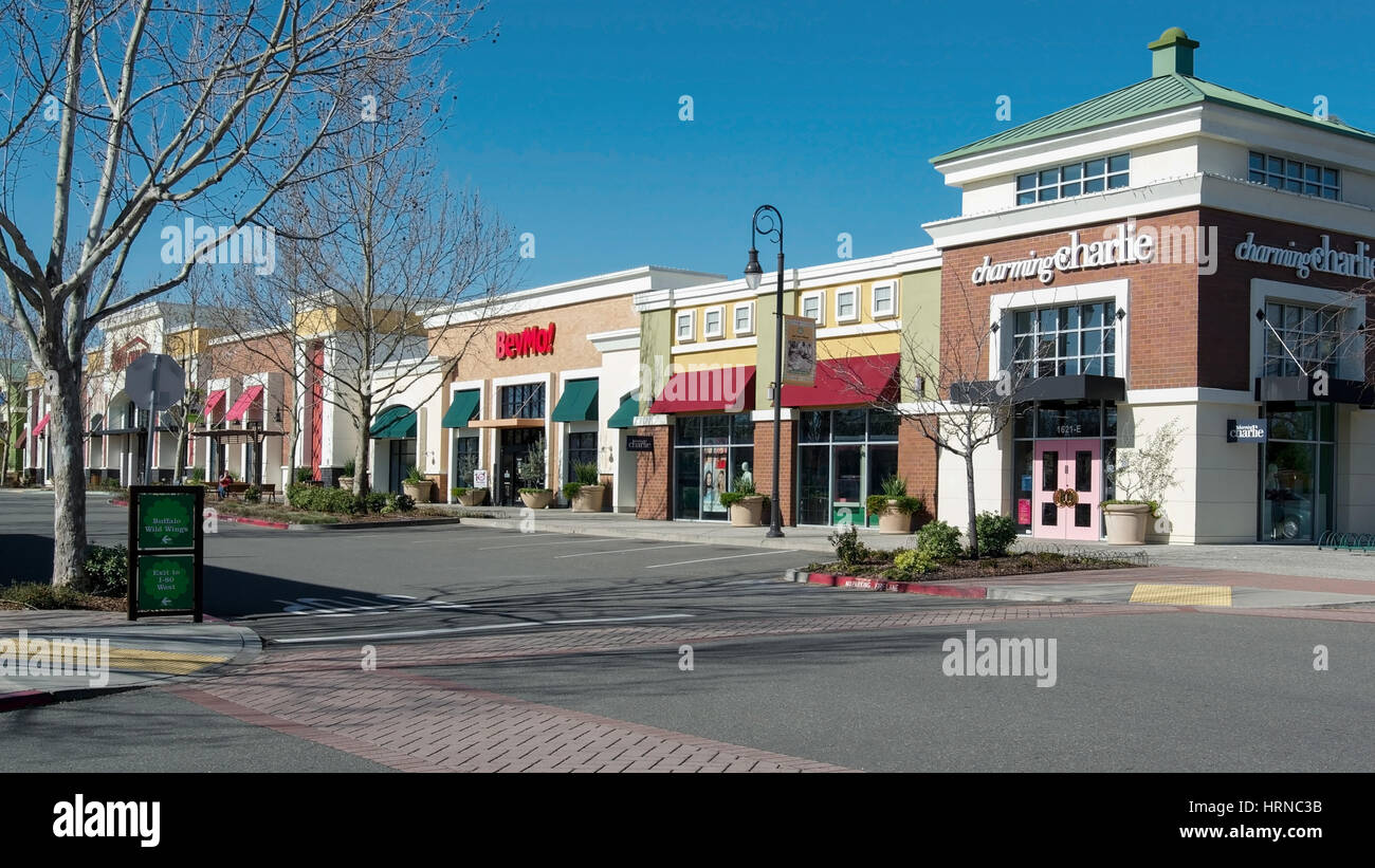 View of a section of the Nut Tree Plaza shpping mall in Vacaville, California, USA, on a Sunday