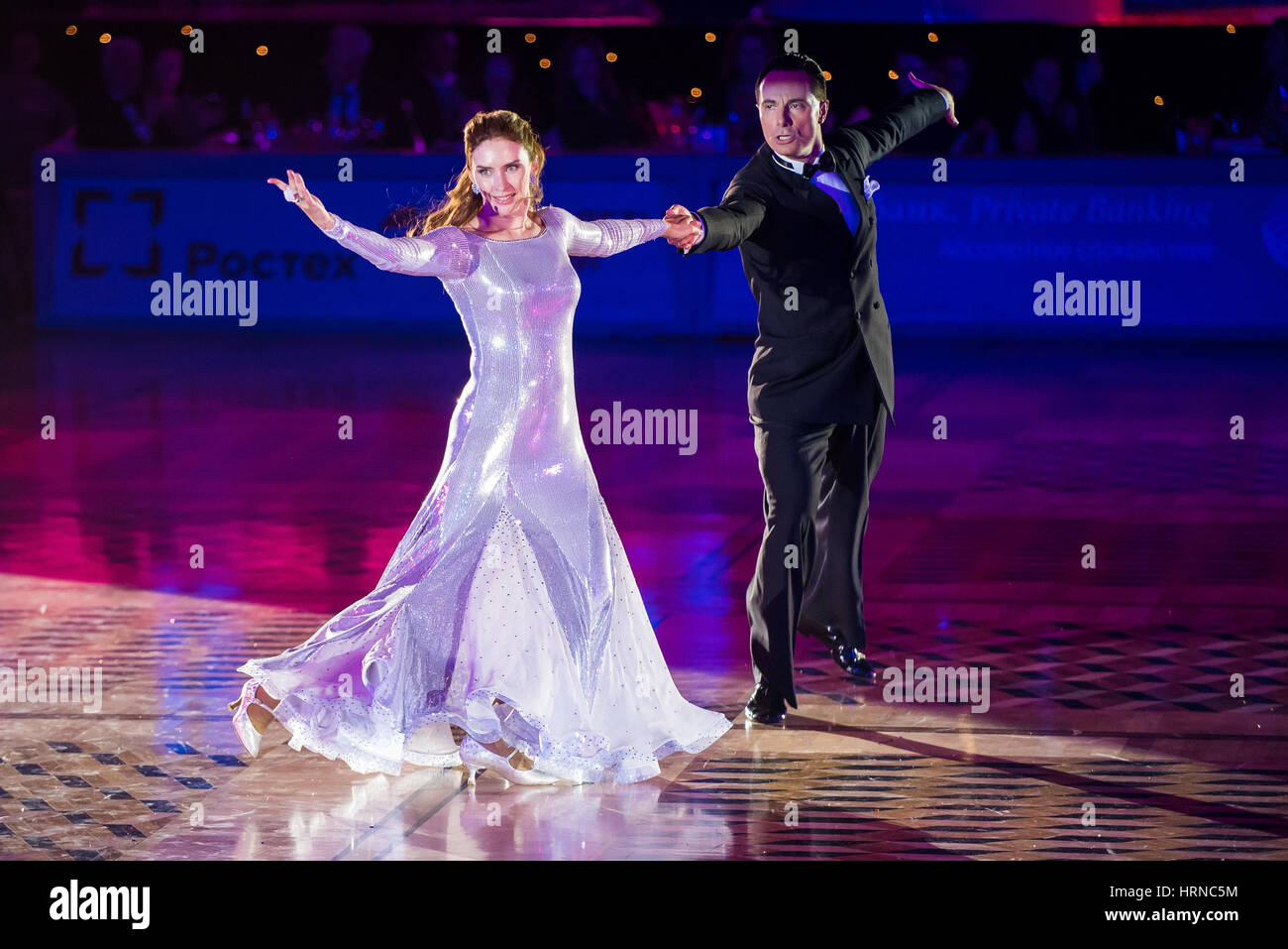 Moscow, Russia - Apr 26, 2015: Couple performs at the ballroom dance event at the 2015 Open European Professional Latin-American Championship. Stock Photo