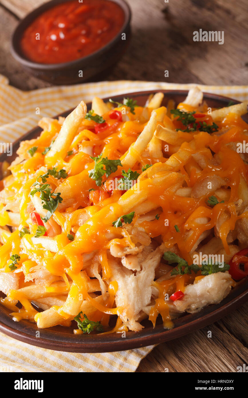 french fries with cheddar cheese and chicken meat macro on a plate. vertical Stock Photo