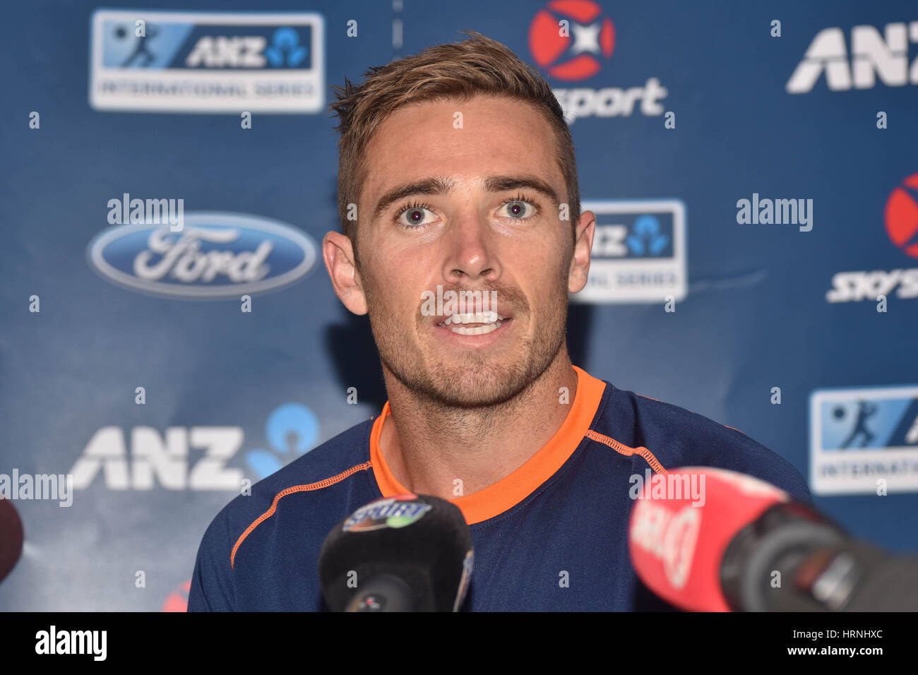 Auckland, New Zealand. 03rd Mar, 2017. New Zealand Blackcaps bowler Tim Southee speaks to the media before the training session ahead of final match of One Day International cricket against South Africa tomorrow. Credit: Shirley Kwok/Pacific Press/Alamy Live News Stock Photo