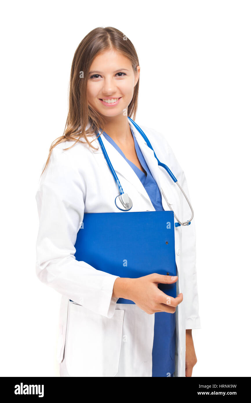 Smiling female nurse holding a clipboard Stock Photo - Alamy