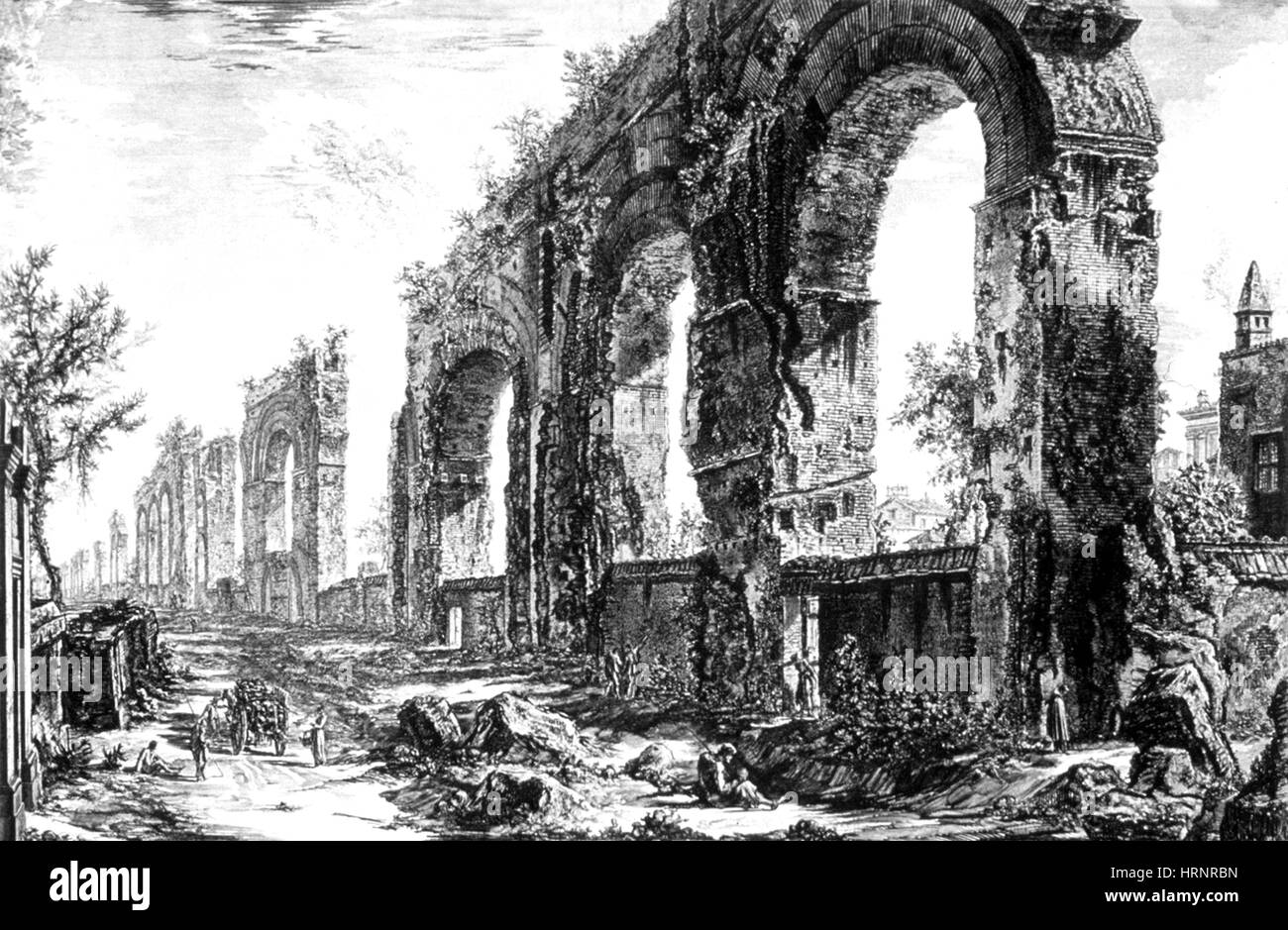 Ruins of Roman Aqueduct, 18th Century Etching Stock Photo