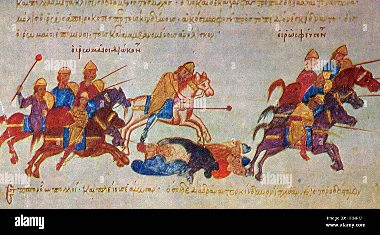 Byzantines Cavalrymen Pursuing the Rus, 10th Century Stock Photo
