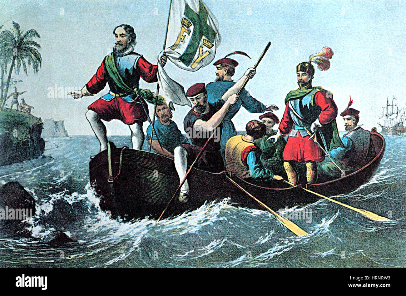 Landing of Columbus at San Salvador, 1492 Stock Photo