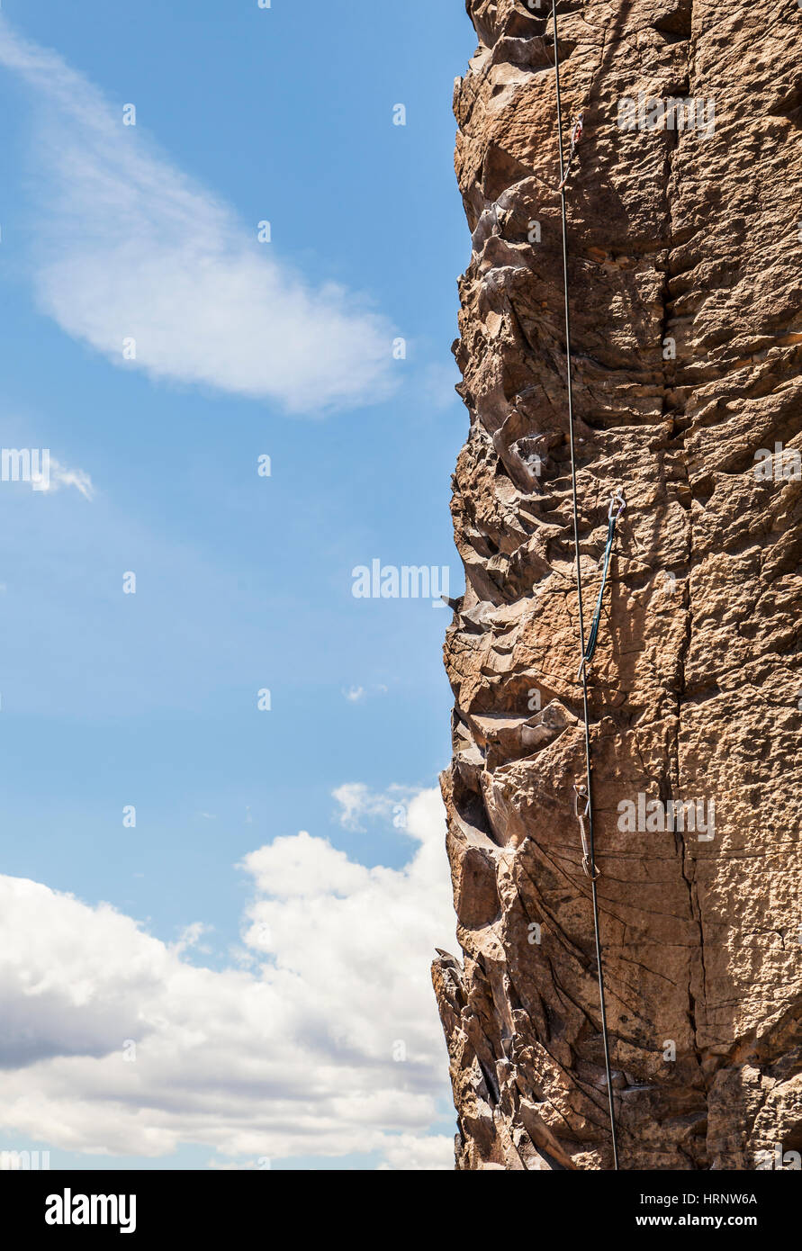A rope and gear on a rock wall at Frenchmans Coulee in Eastern Washington, USA. Stock Photo