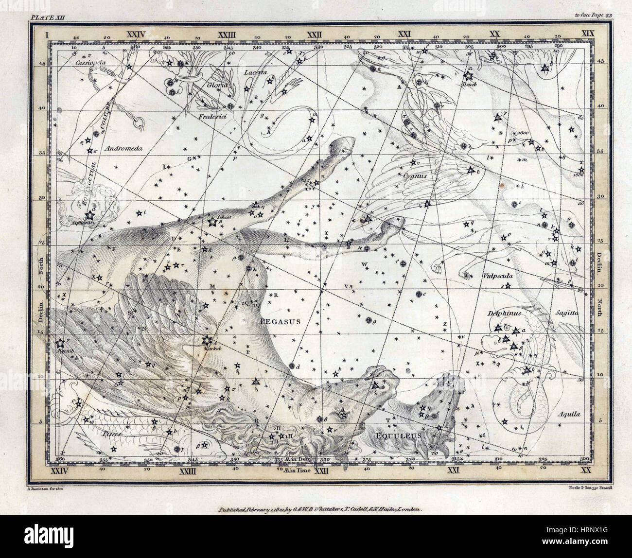 Pegasus and Equuleus Constellations, 1822 Stock Photo