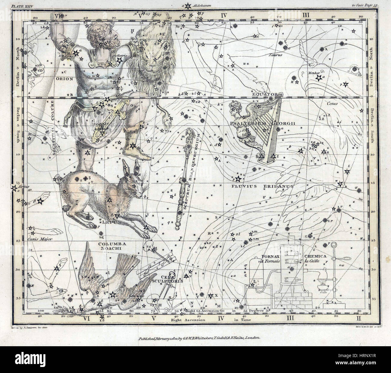 Orion, Lepus and Columba Constellations, 1822 Stock Photo