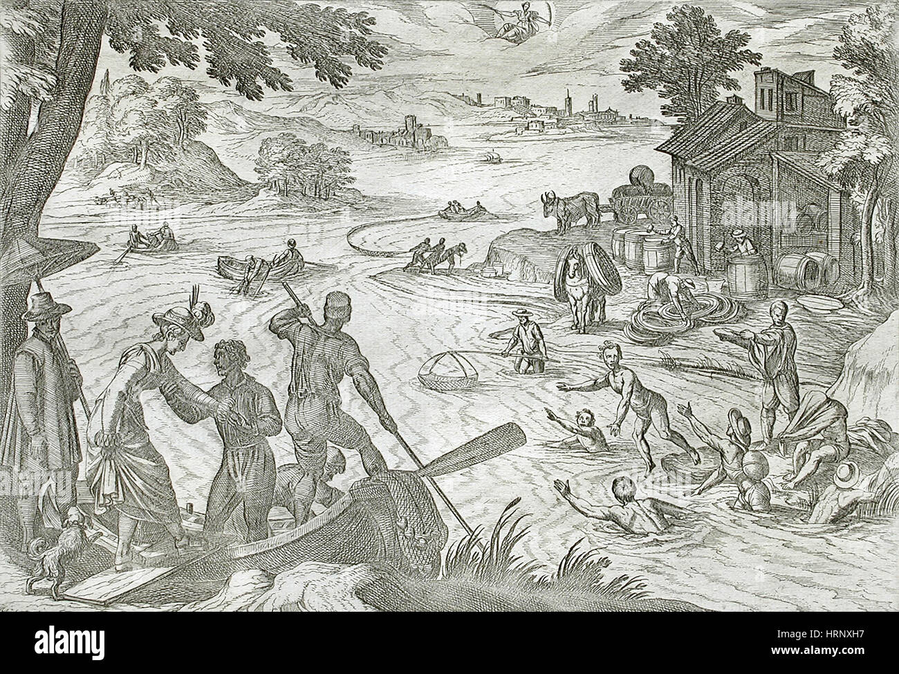 August, Fishing, 16th Century Calendar Stock Photo