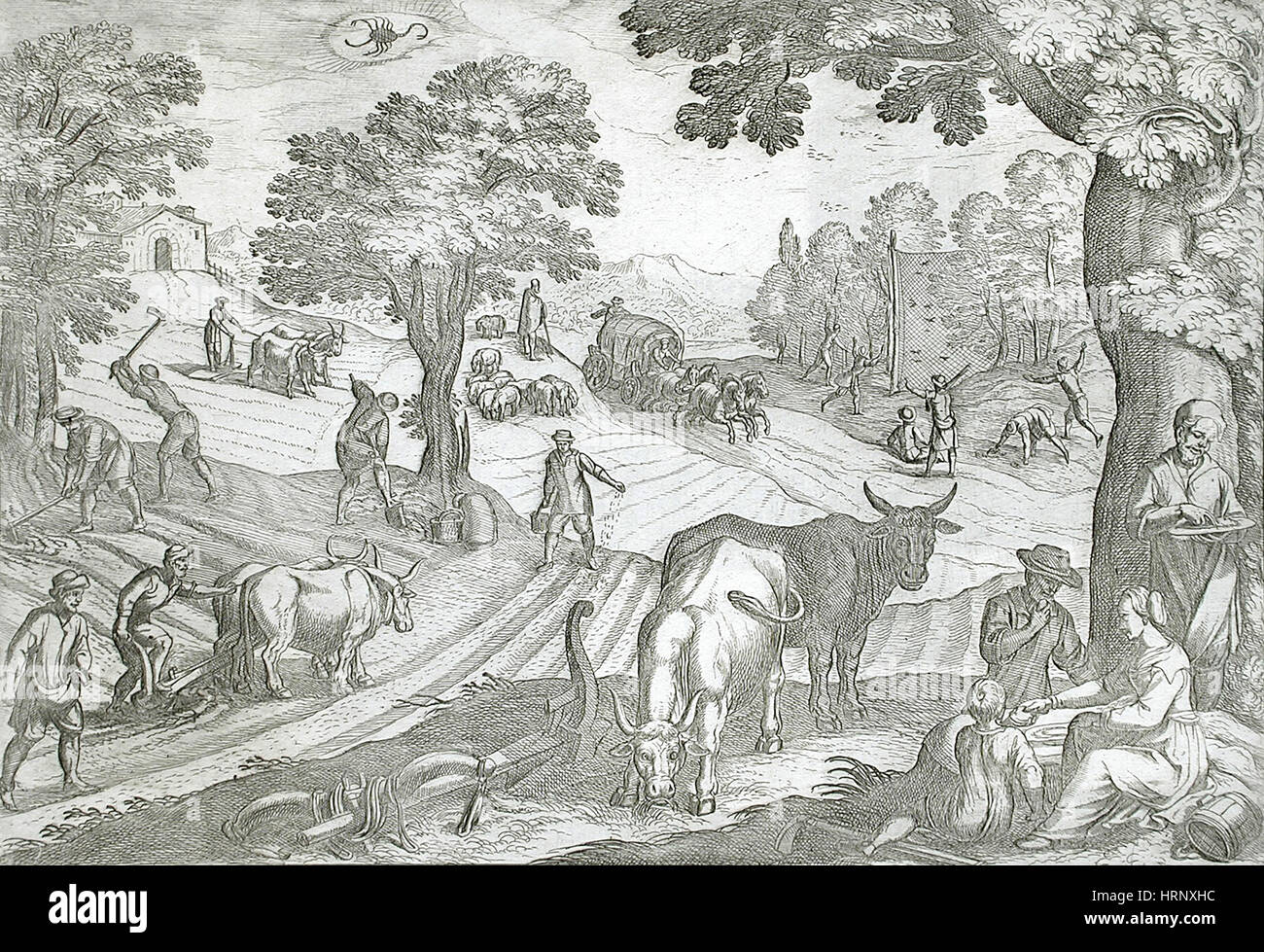 October, Ploughing, 16th Century Calendar Stock Photo