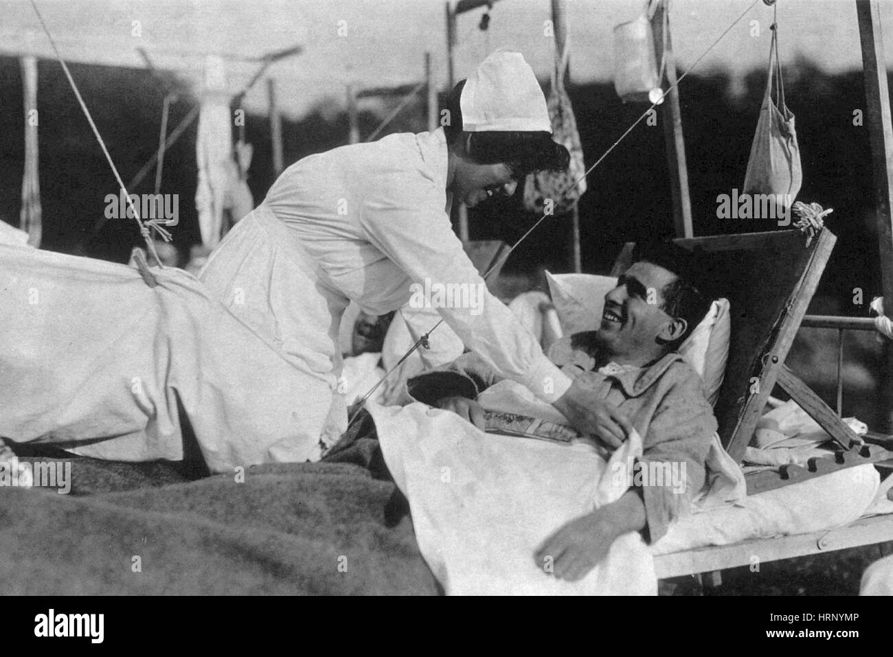 WWI, Red Cross Nurse with Wounded Soldier Stock Photo