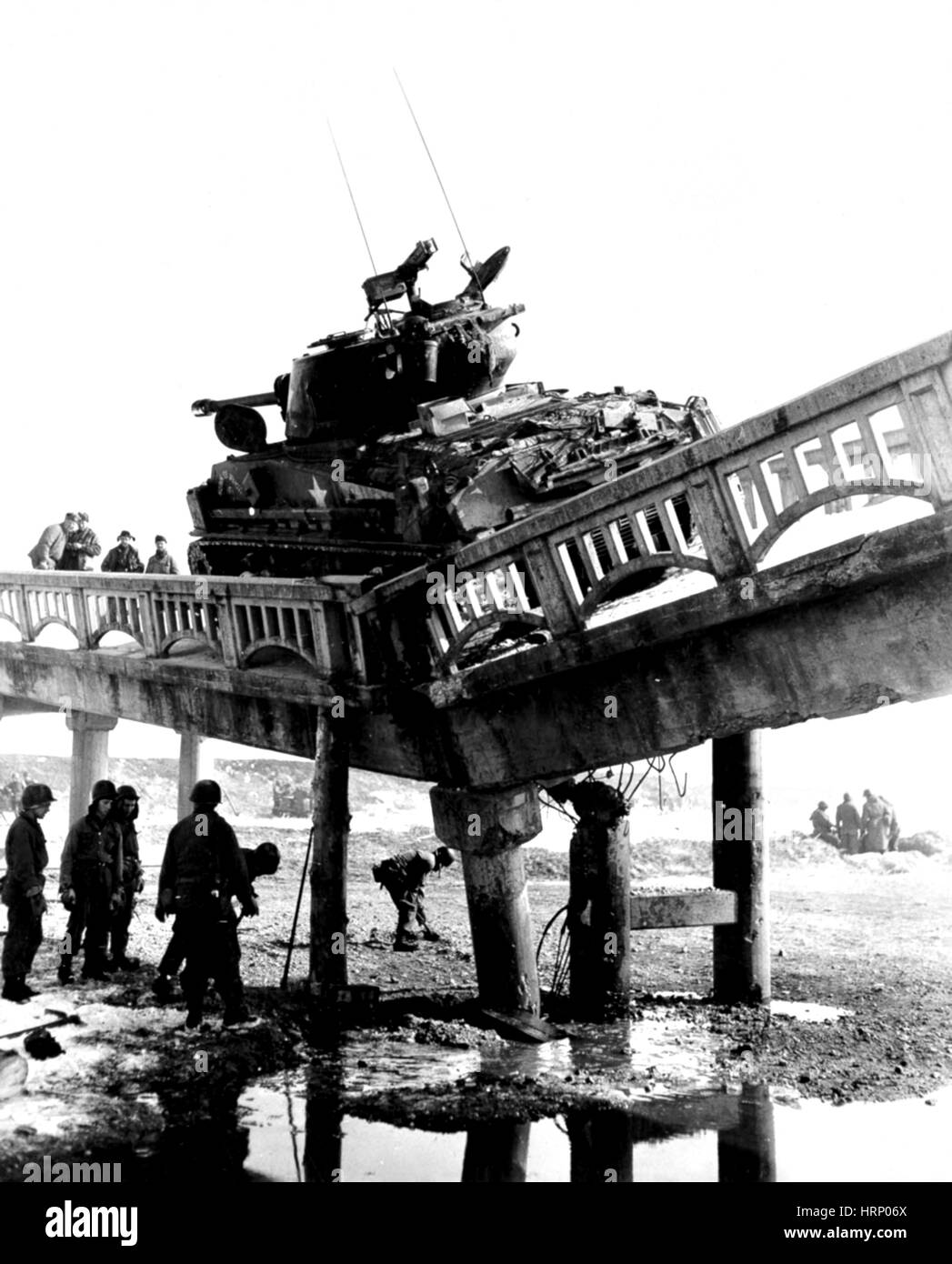 Korean War, M-4 Tank Trapped on Bridge, 1951 Stock Photo