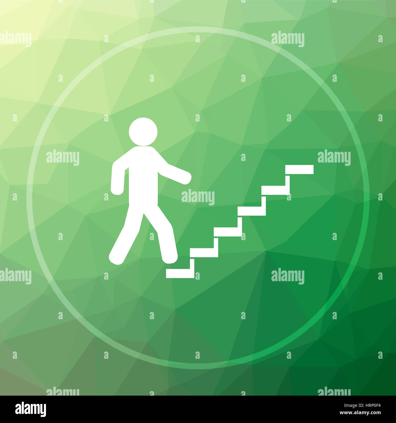 Businessman on stairs - success icon. Businessman on stairs - success website button on green low poly background. Stock Photo