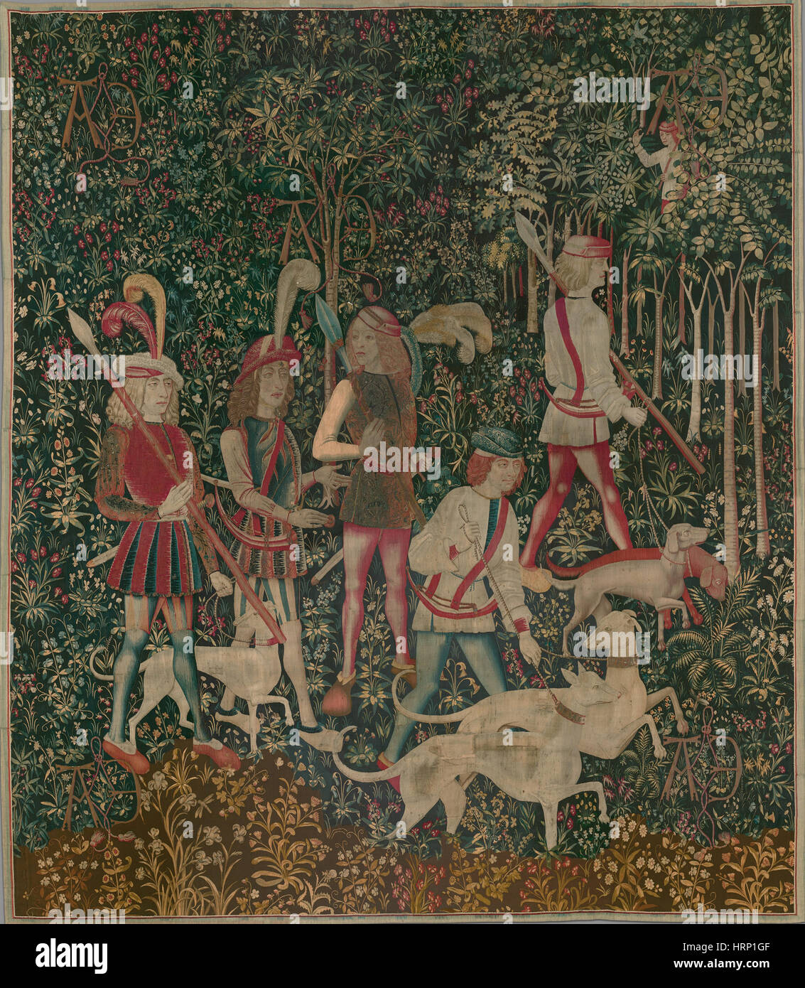 Hunters Enter Woods, Unicorn Tapestries Stock Photo