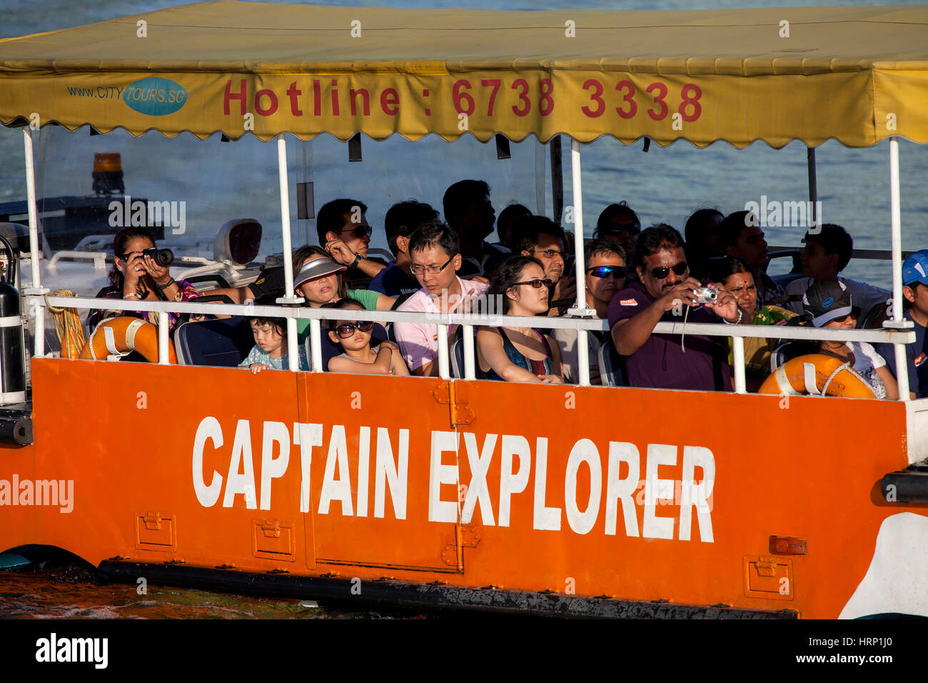 Water taxi, excursion boat, amphibious vehicle on Marina Bay, Singapore, Asia, Singapore Stock
